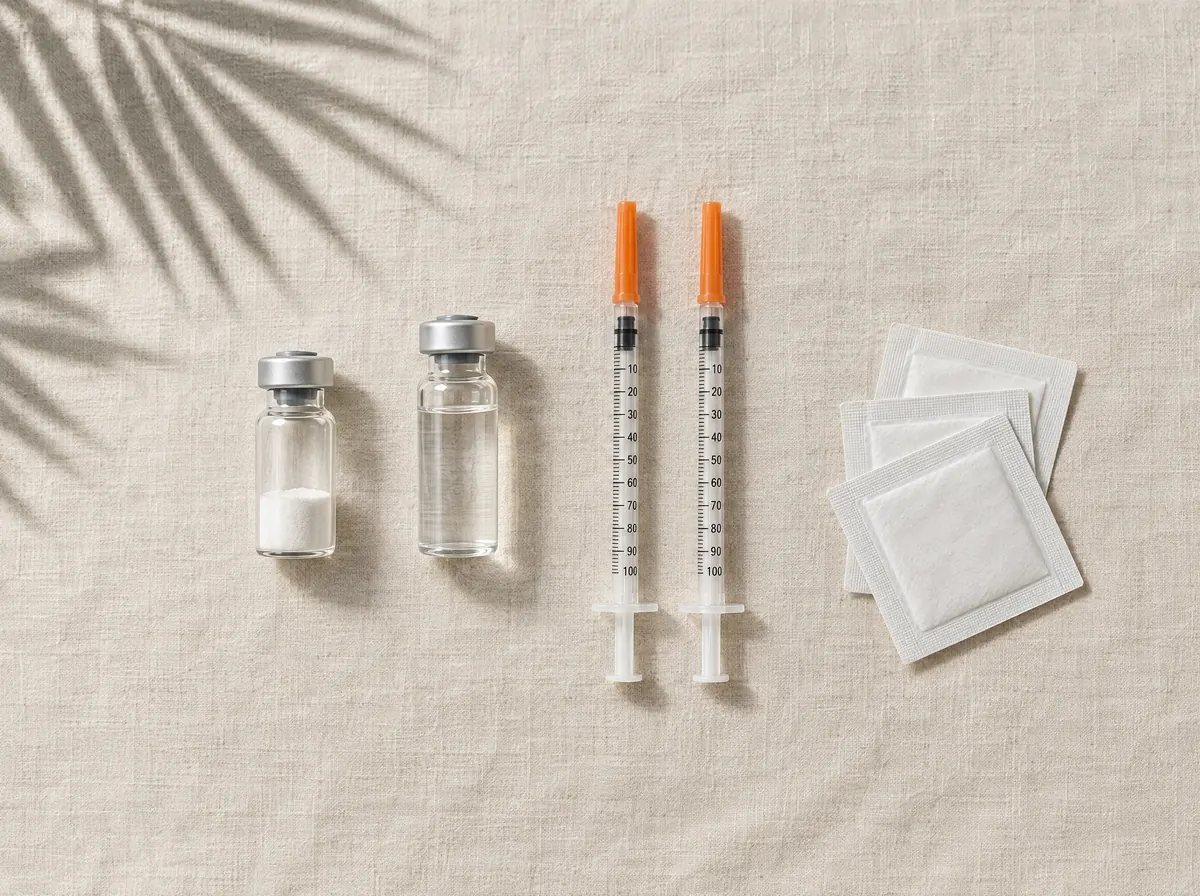 Peptide vial, bacteriostatic water, insulin syringes and alcohol swabs on linen